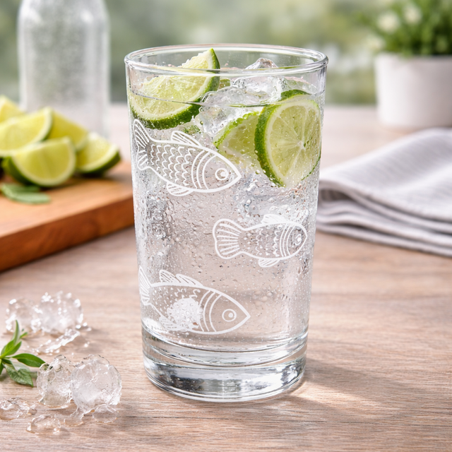 Clear glass with etch fish design filled with water, ice, and lime wedges on a wooden table.