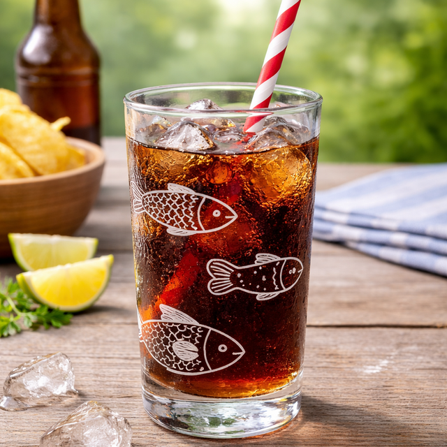 etched Glass of cola with fish design, straw, and beer bottle on a wooden table outdoors.