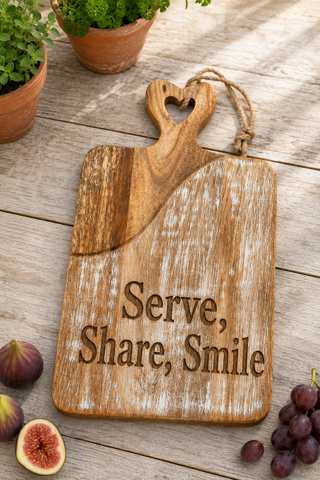 A rustic wooden serving board with a heart-shaped handle and the engraved words 'Serve, Share, Smile,' styled on a weathered wood surface with figs, grapes, and potted plants around it.