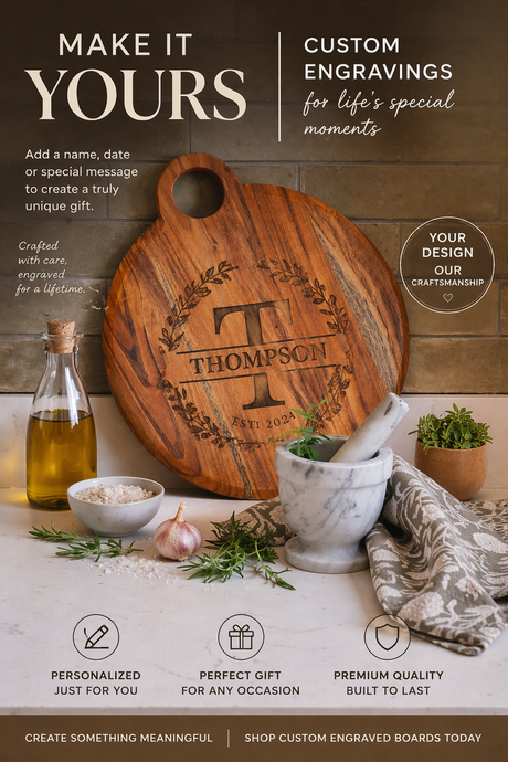 Wooden cutting board with engraved name on a kitchen counter with text about custom engravings.