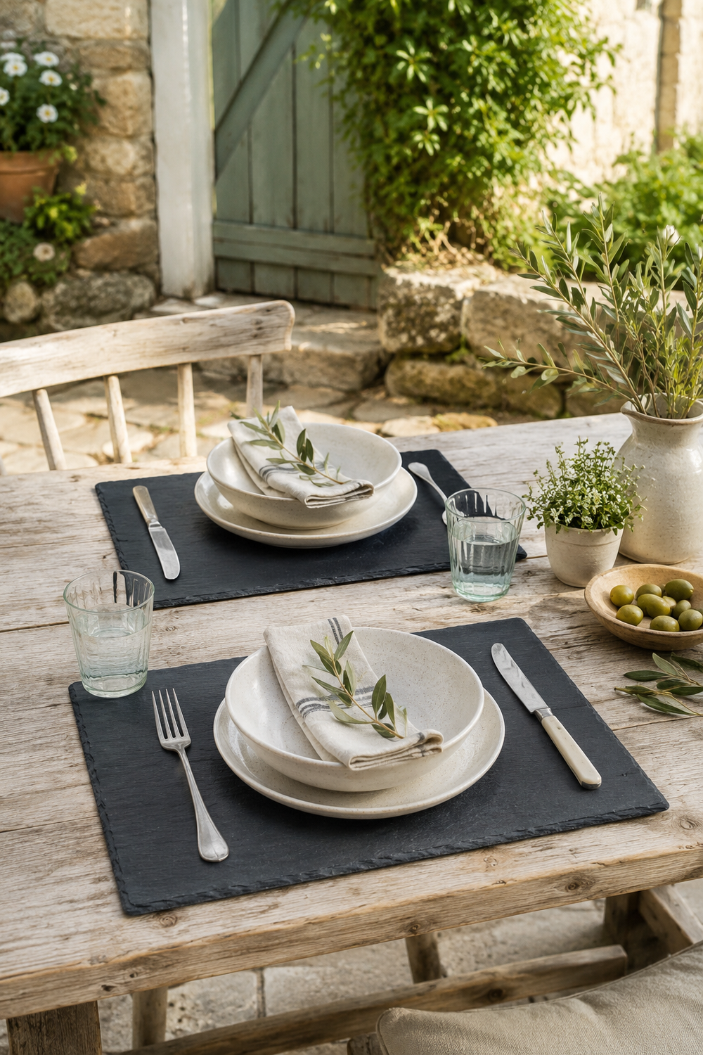 Set of 2 rectangular slate placemats and serving platters made from natural slate with rustic edges. Outdoor dining setup with plates, cutlery, and glasses on a wooden table.