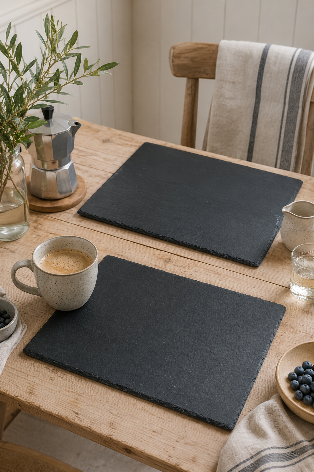 Slate placemats on a wooden table with a cup of coffee and a plant.