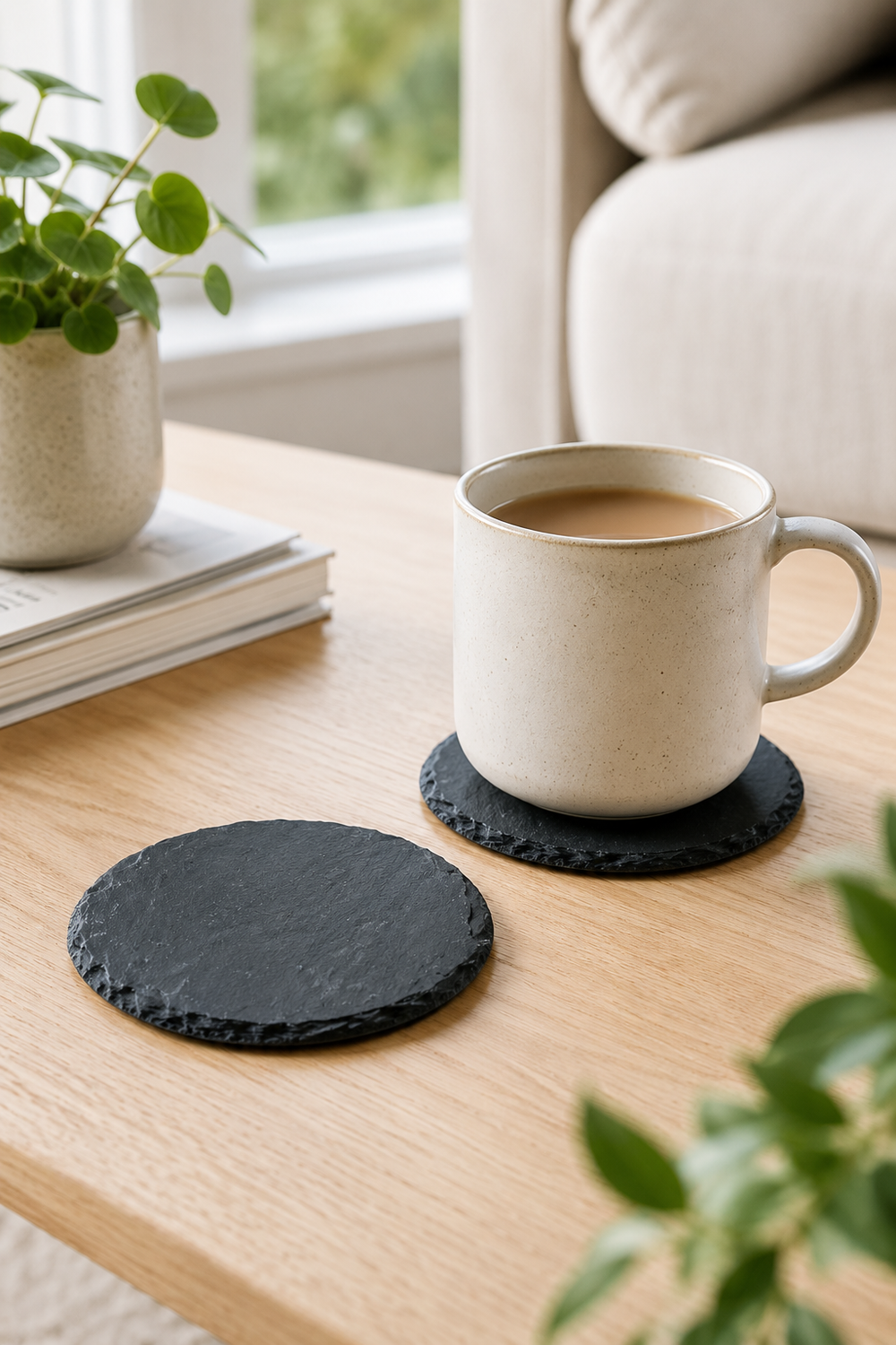 Set of 2 round slate drinks coasters made from natural slate with rustic edges.