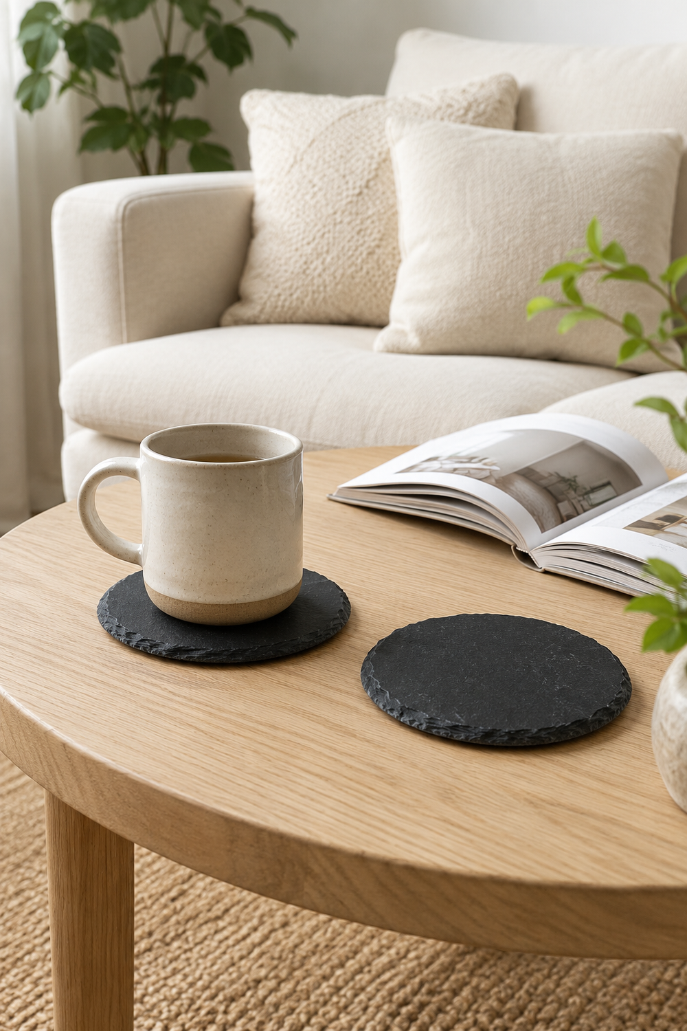 Set of 2 round slate drinks coasters made from natural slate with rustic edges.
