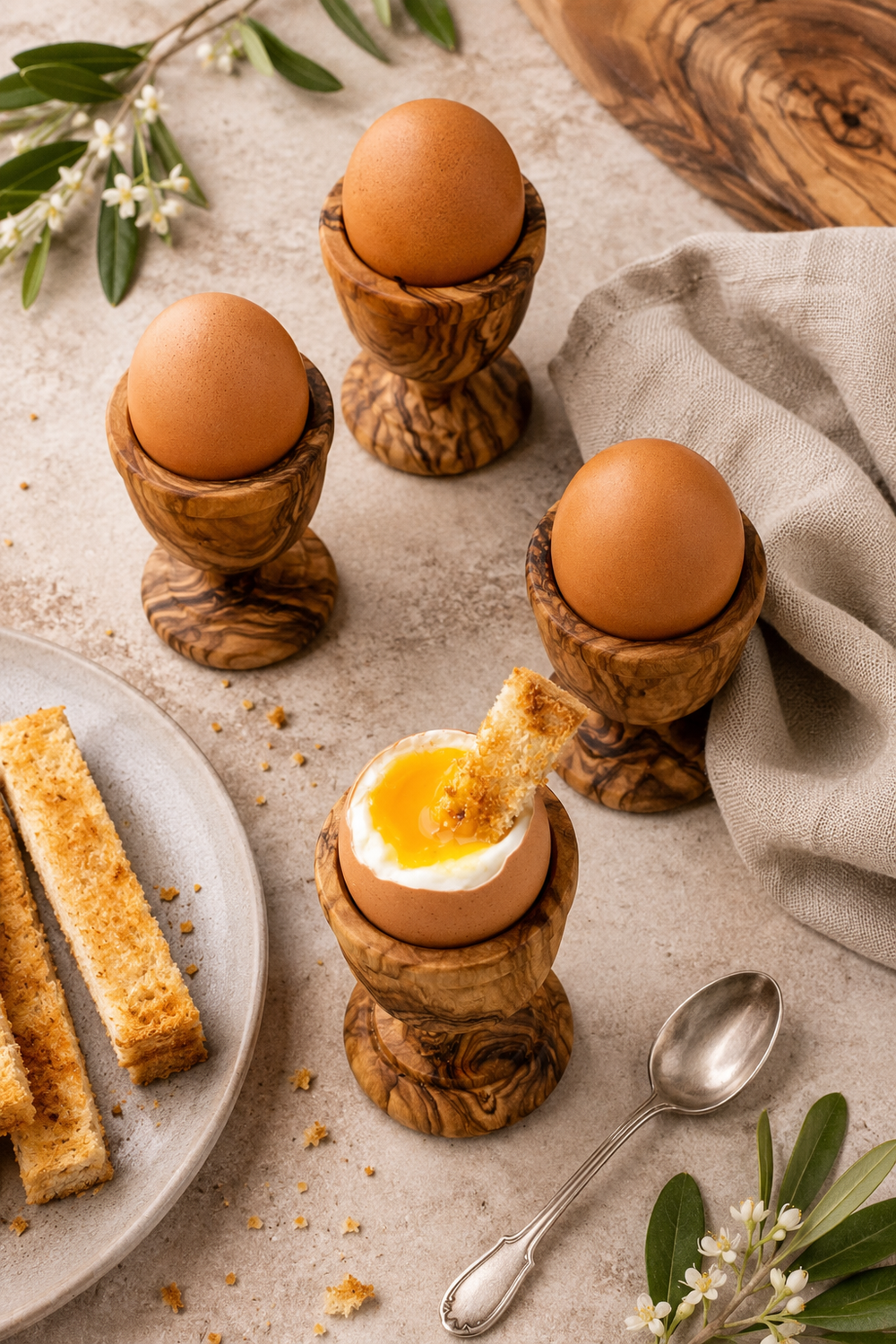 Set of 6 turned olive wood egg cups for breakfast table