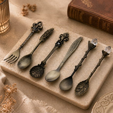 Set of decorative spoons on a stone surface with a book and candle in the background
