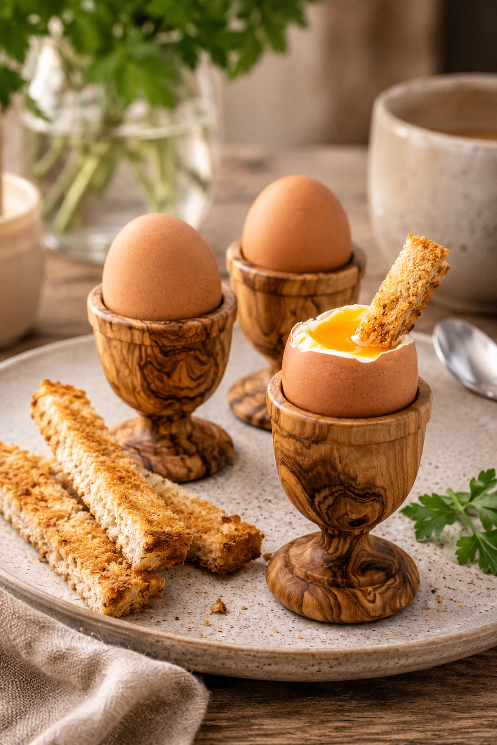 Set of six olive wood egg cups with natural wood grain