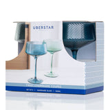 Set of two blue and green striped champagne coupes in Uberstar packaging.