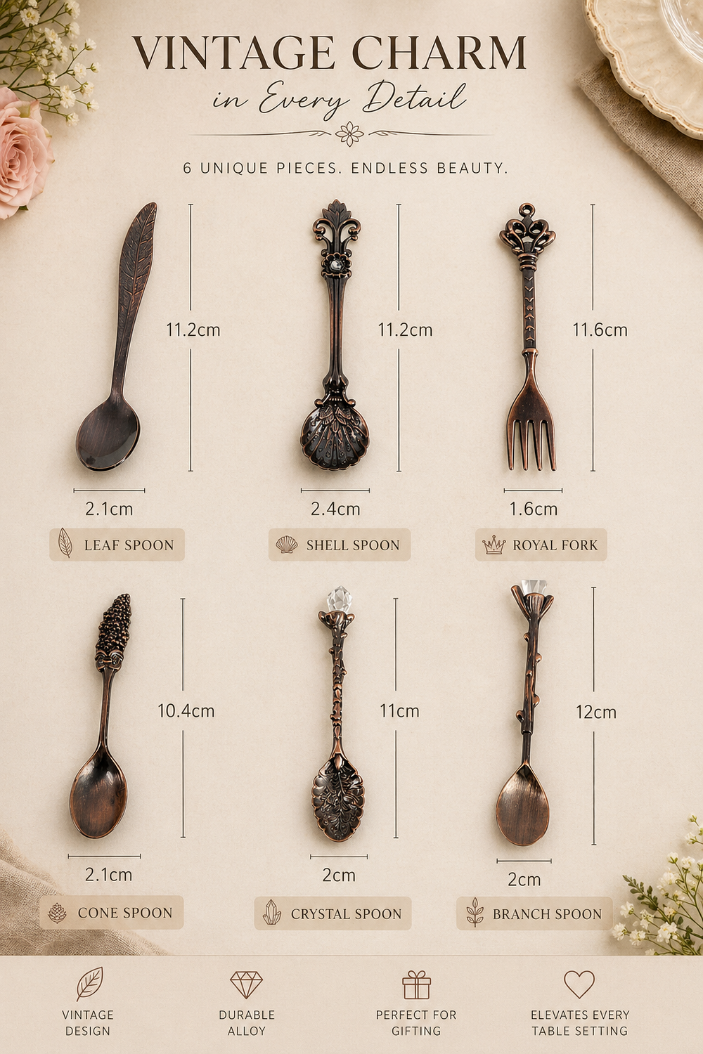 Set of vintage-style spoons with measurements and details on a beige background