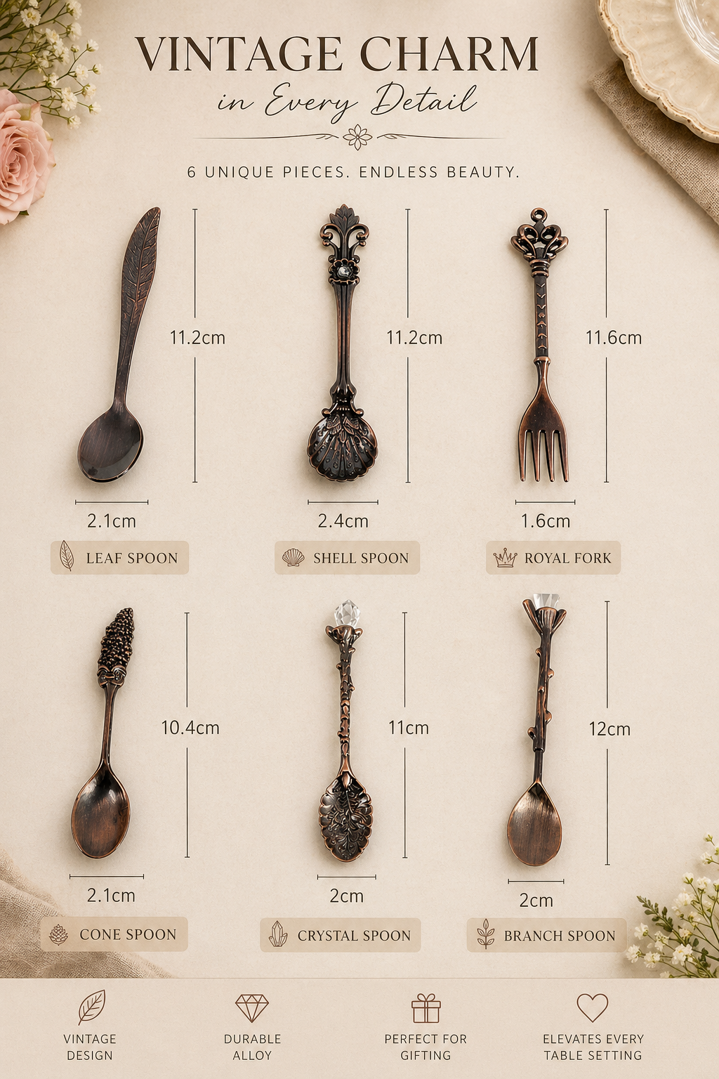 Set of vintage-style spoons with measurements and details on a beige background