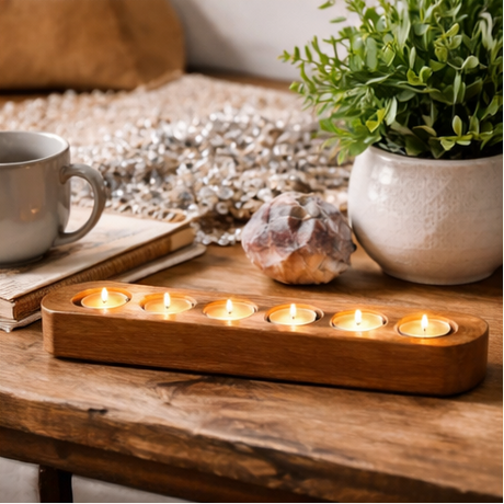 wooden candle holders with lit candles on various surfaces.