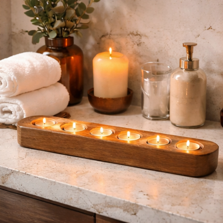 Seven Tealight Solid Oak Candle Holder