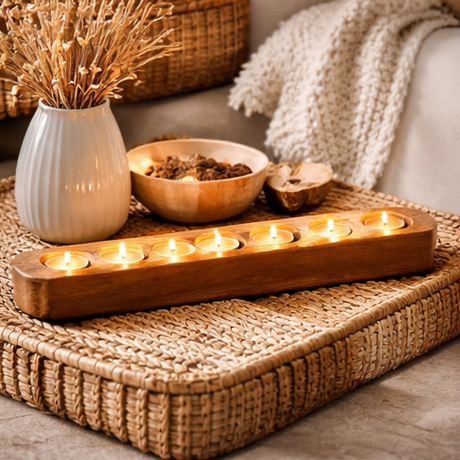 Seven Tealight Solid Oak Candle Holder