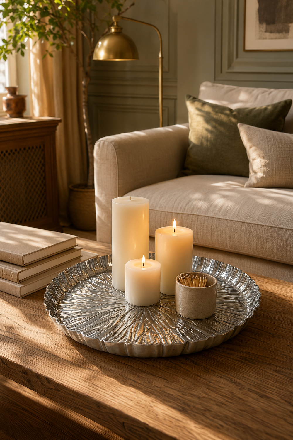 Silver-coloured metal lily leaf tray with embossed radiating leaf pattern and scalloped edge
