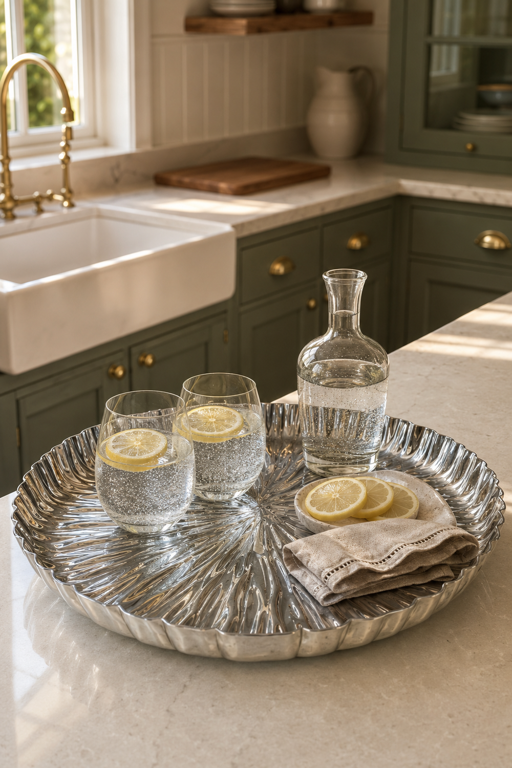 A round silver metal tray with a textured sunburst pattern sits on a light marble kitchen counter. The tray holds two clear drinking glasses with lemon slices, a small glass carafe, and a folded cream napkin.
