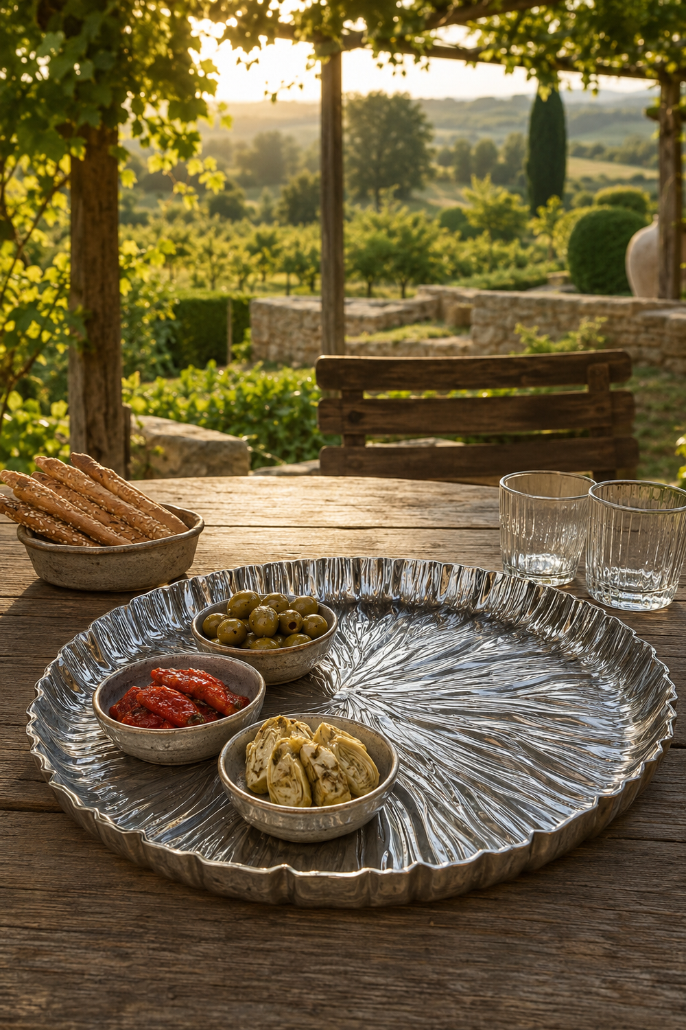A large scalloped silver metal serving platter on a rustic wooden table, styled with three small bowls of food and two clear drinking glasses, set in an outdoor garden environment.