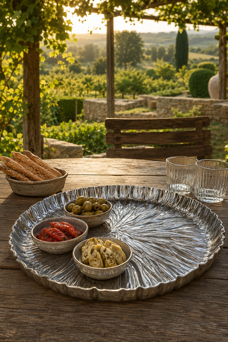 A large scalloped silver metal serving platter on a rustic wooden table, styled with three small bowls of food and two clear drinking glasses, set in an outdoor garden environment.