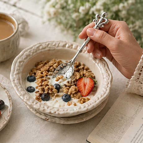 Set of decorative silver spoons and forks on a table with a bowl of cereal and a cup of tea.