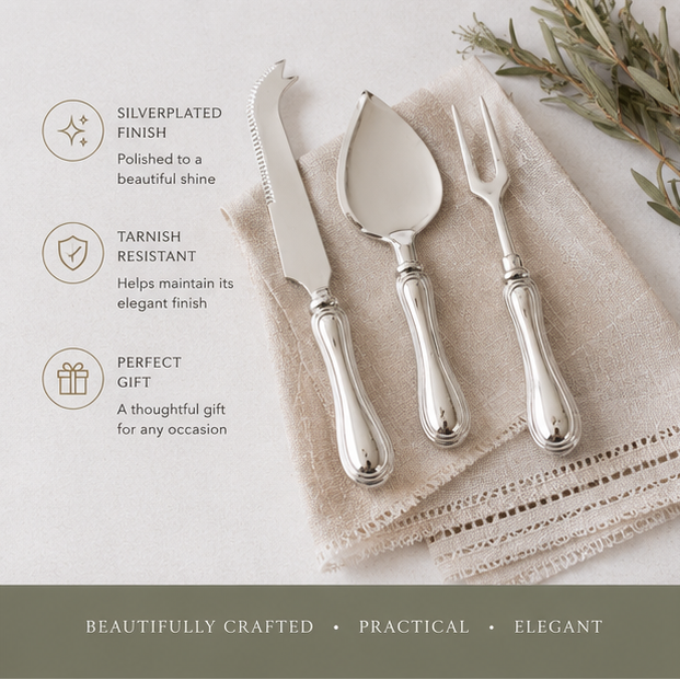 Silver cheese knife, server, and fork set on a wooden board with cheese and grapes.