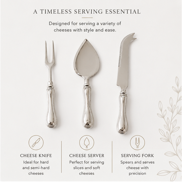 Silver cheese knife, server, and fork set on a wooden board with cheese and grapes.