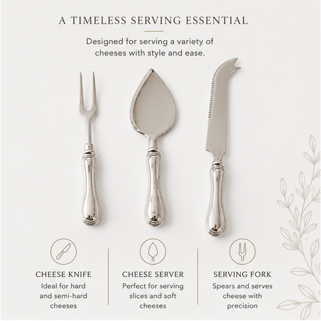 Silver cheese knife, server, and fork set on a wooden board with cheese and grapes.