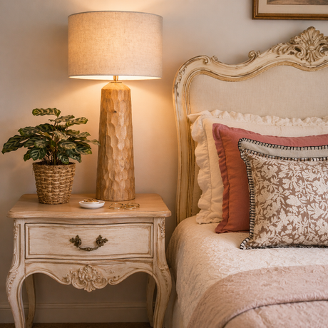 Decorative bedroom with a bed, nightstand, and lamp.
