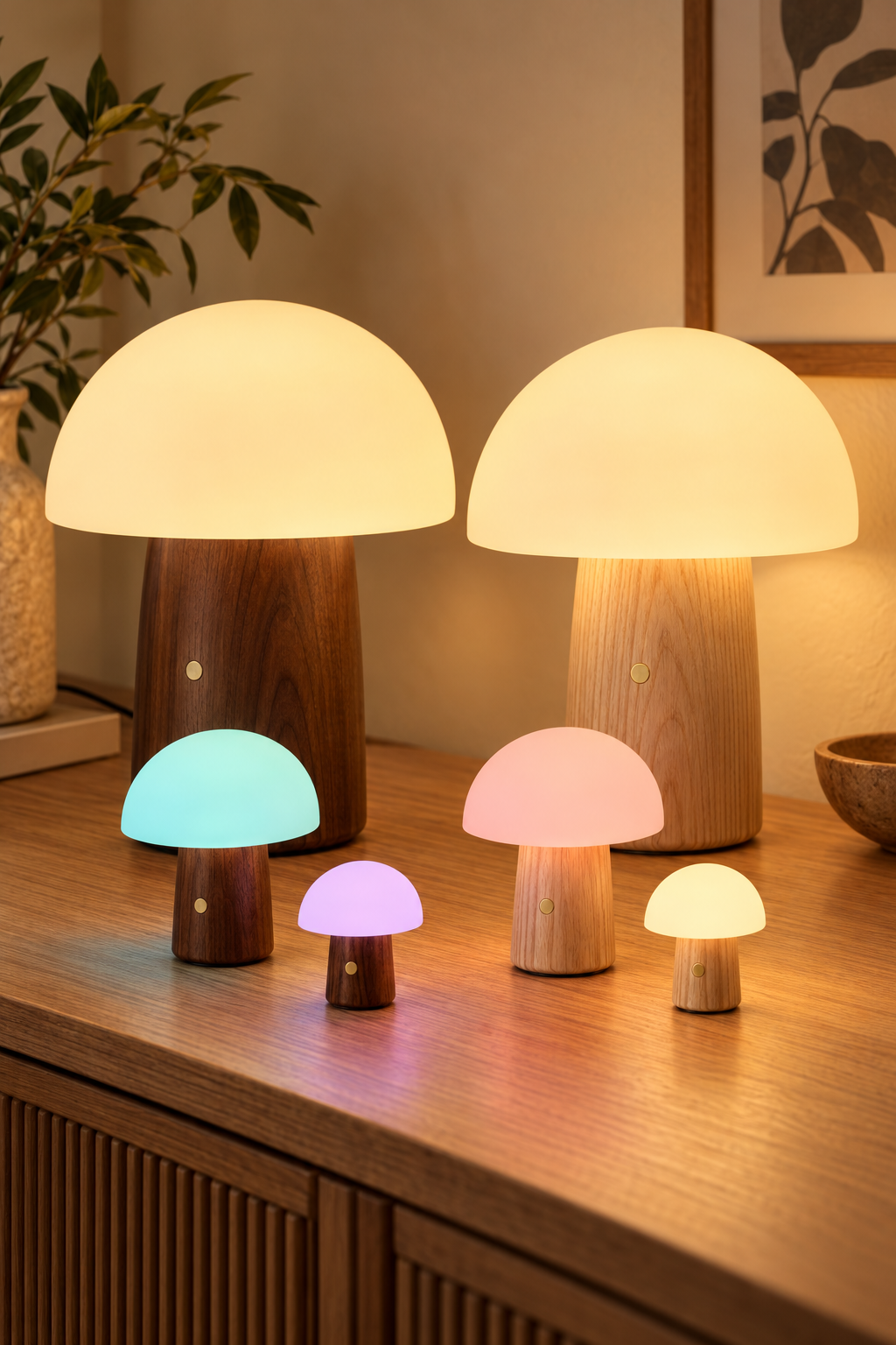 Alice Mushroom Lamps in walnut and white ash, showing Large, Mini and Super Mini sizes with warm white and coloured lights.