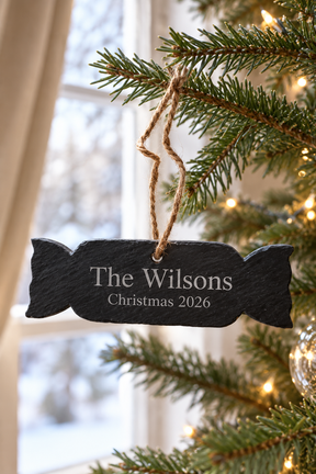 A personalised black slate Christmas ornament shaped like a Christmas Cracker  hanging from a tree branch with twine. The ornament is engraved with the name 'The Wilsons' and 'Christmas 2026' in white text.