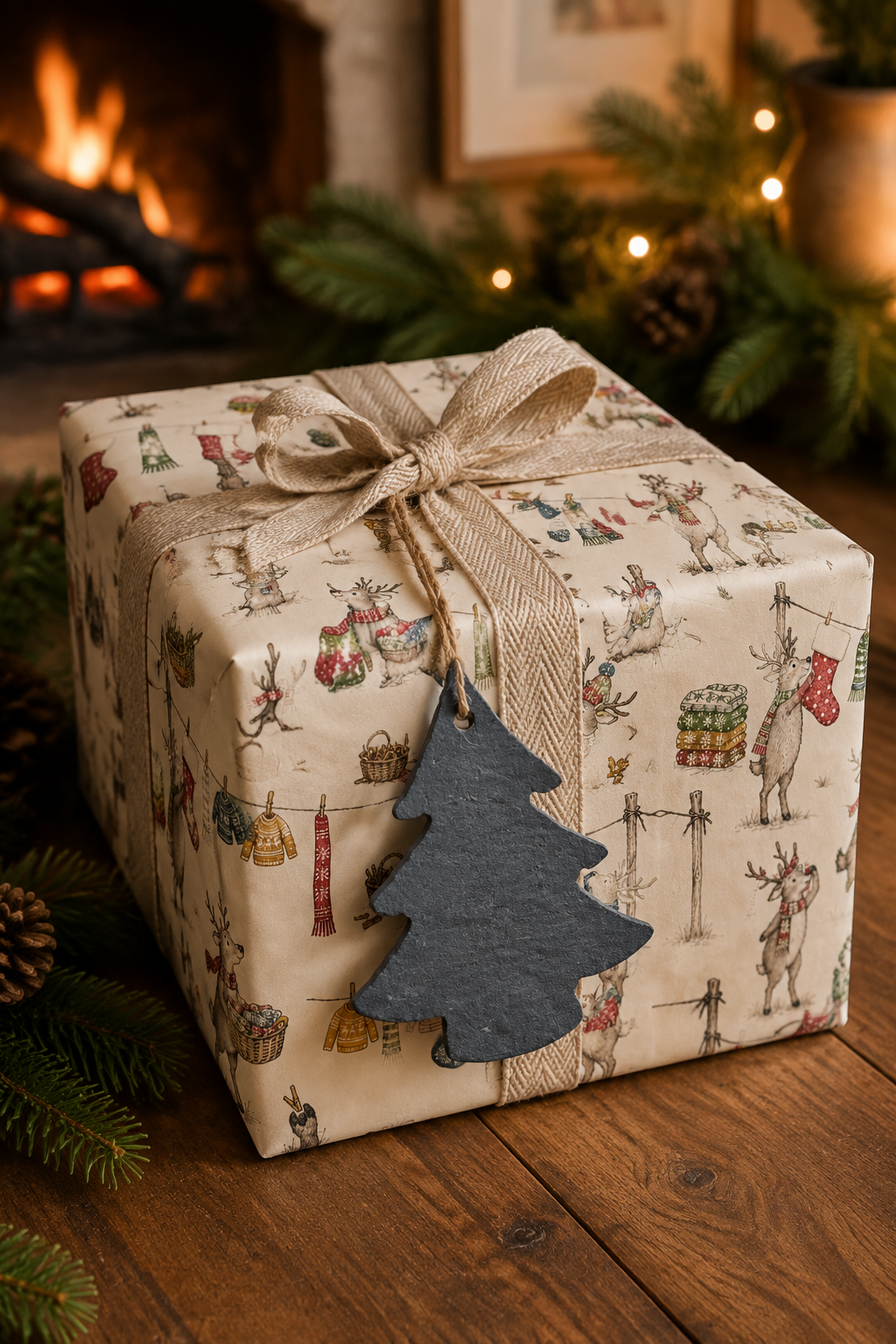 A square gift box wrapped in cream Christmas-themed paper with illustrated holiday motifs, tied with a beige ribbon and bow, and decorated with a slate Christmas tree-shaped gift tag. The box sits on a wooden surface near evergreen branches and a warm fireplace in the background.