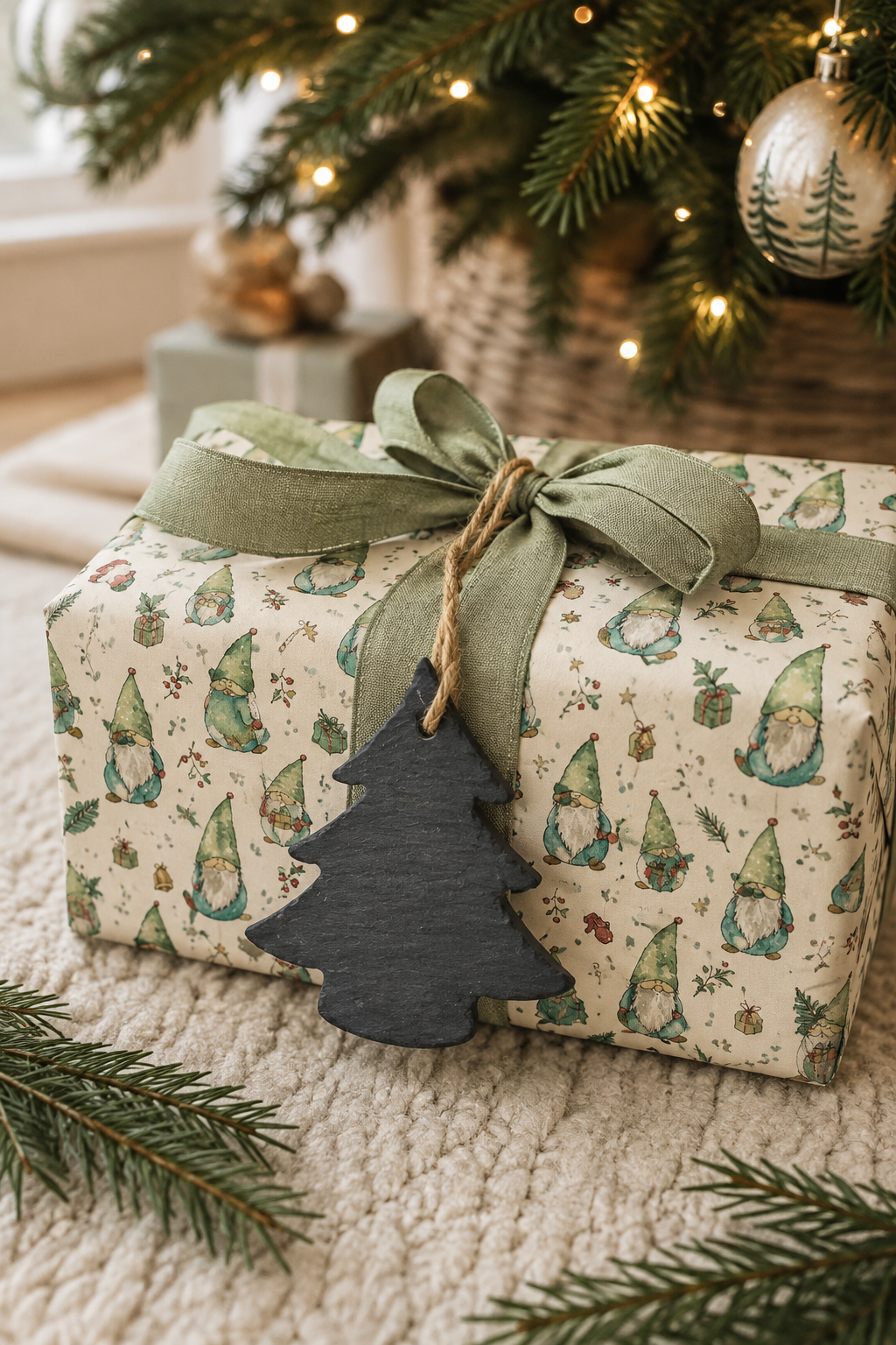 A wrapped Christmas gift box with a sage green ribbon and a dark gray slate Christmas tree gift tag, set on a cream knit blanket near a Christmas tree with warm lights.