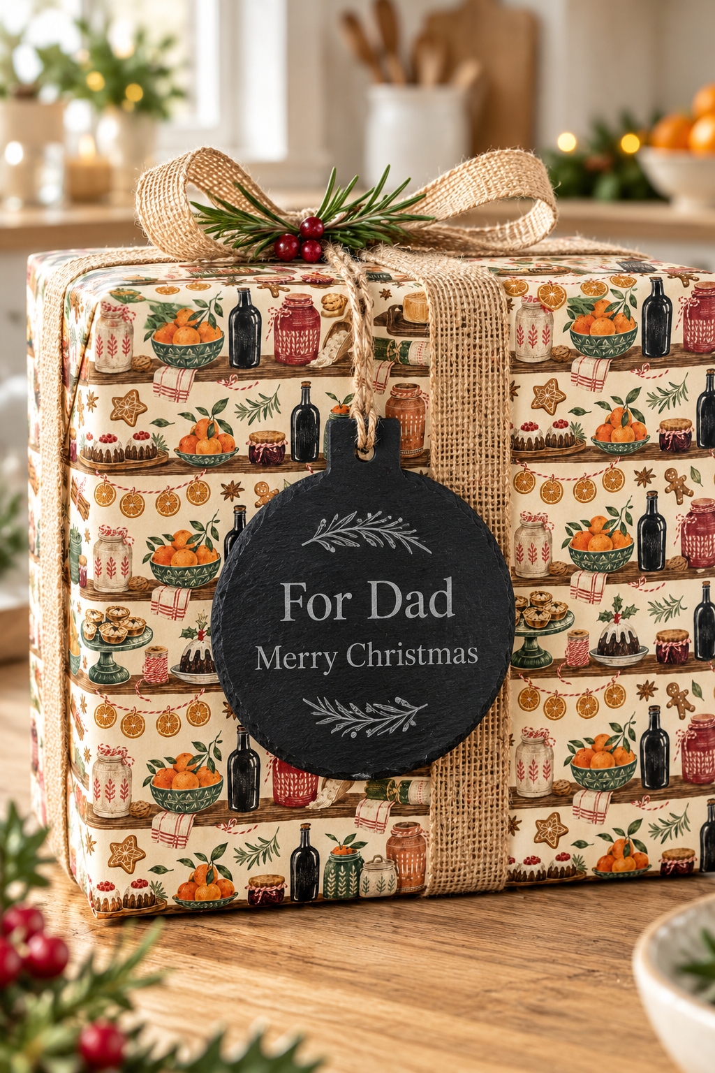 Bauble-shaped blank slate gift tag in dark charcoal grey, with natural surface markings and a rustic rope loop, resting on a pale wooden background.