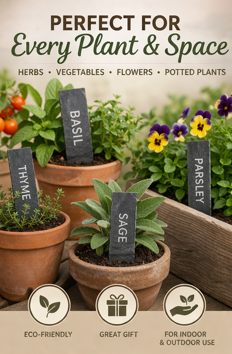 Potted plants with labels in a garden setting, featuring herbs and vegetables.
