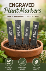 Engraved plant markers in a pot with herbs, labeled 'Basil', 'Thyme', 'Sage', and 'Parsley'.