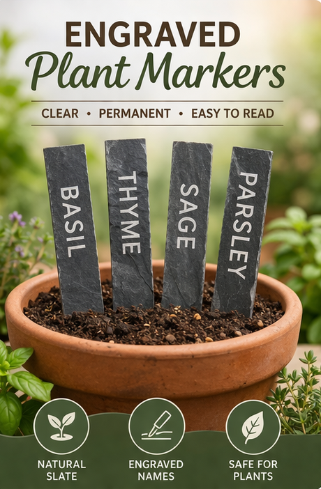 Engraved plant markers in a pot with herbs, labeled 'Basil', 'Thyme', 'Sage', and 'Parsley'.