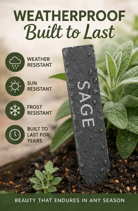 Weatherproof Sage product with text highlighting features and a plant in the background