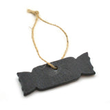 A dark grey, Slate Christmas Cracker-shaped Gift tag. slate ornament with a natural jute twine loop at the top, shown on a plain white background.