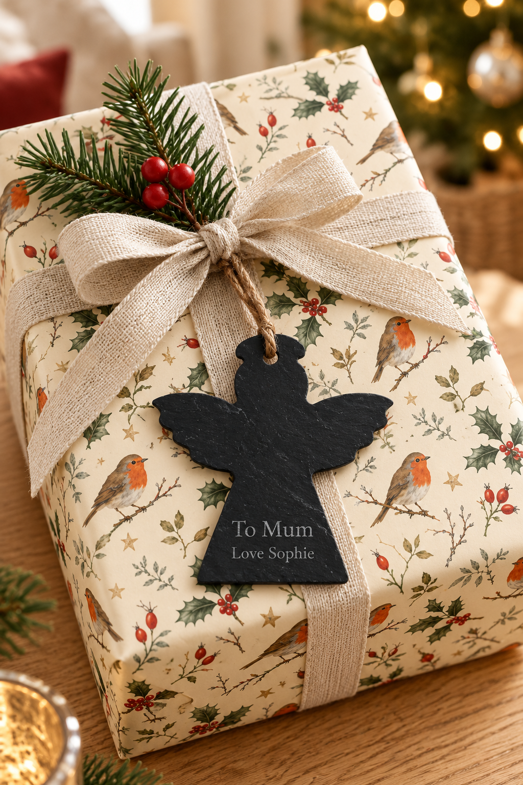 A wrapped Christmas gift box with a beige ribbon and bow, decorated with a holly and robin pattern on a cream background. A black slate angel gift tag hangs from the ribbon, and a pine sprig with red berries rests on top.