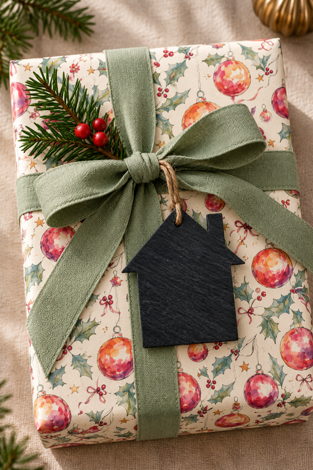 A wrapped Christmas gift box with festive wrapping paper featuring red ornaments and green holly motifs, tied with a wide sage green ribbon bow and decorated with a pine sprig and small red berries. A black house-shaped tag hangs from the ribbon on a beige fabric background.
