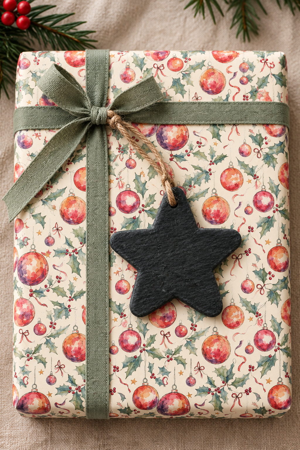 A wrapped gift box with Christmas-themed wrapping paper featuring red ornaments and green holly on a cream background, tied with a sage green ribbon and a black star-shaped slate gift tag.