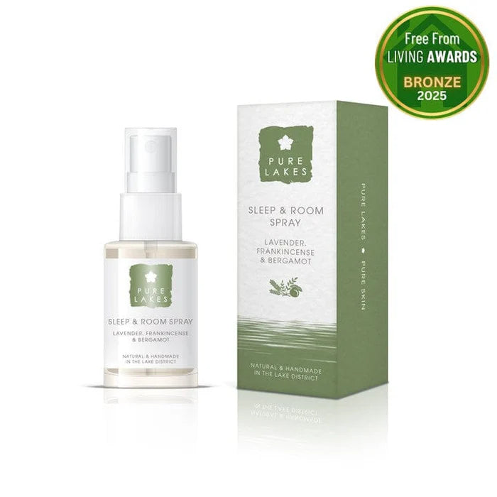 Pure Lakes Sleep & Room Spray bottle and packaging on a white background with a bronze award badge.