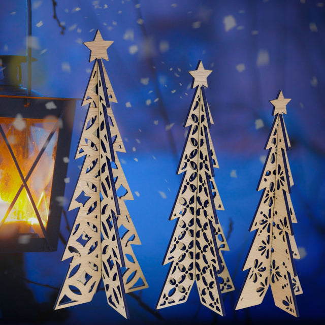 CHRISTMAS TREES SHELF SITTERS SET OF 3 CUTWORK, Light colour
