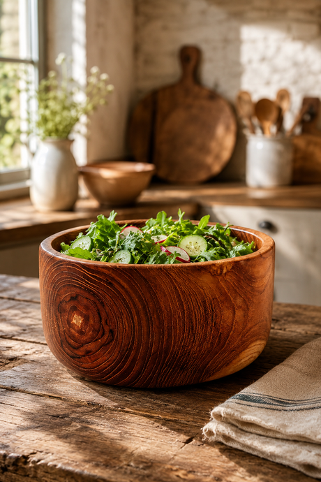 A small round wooden salad bowl filled with fresh green salad, set on a rustic wooden table in a sunlit kitchen.