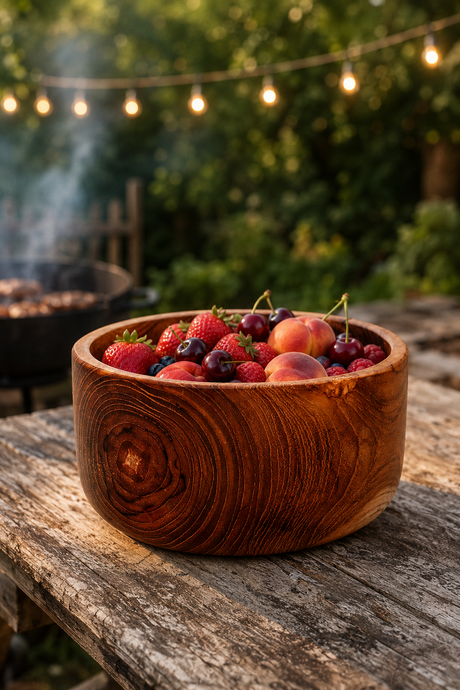 A Small Teak Root Salad & Serving Bowl – 15cm round wooden bowl filled with fresh strawberries, blueberries, and peaches sits on a rustic wooden table outdoors, with string lights and greenery blurred in the background.