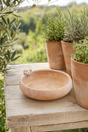 A round terracotta clay bird bath with a small bee detail, resting on a weathered wooden table outdoors next to potted plants.