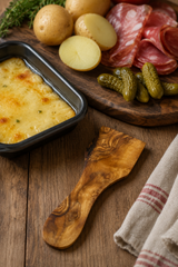 Small olive wood raclette spatula for melted cheese