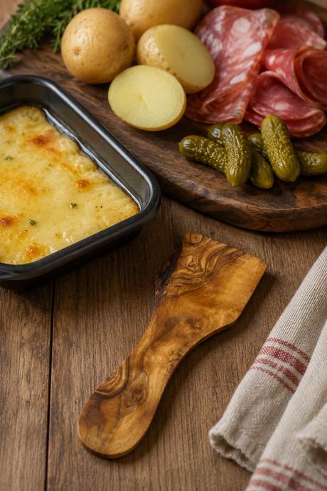 Small olive wood raclette spatula for melted cheese