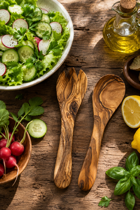 Small olive wood salad servers set with wooden spoon and fork. Salad with cucumbers, radishes, and greens on a wooden table with olive oil, lemons, and wooden spoons.
