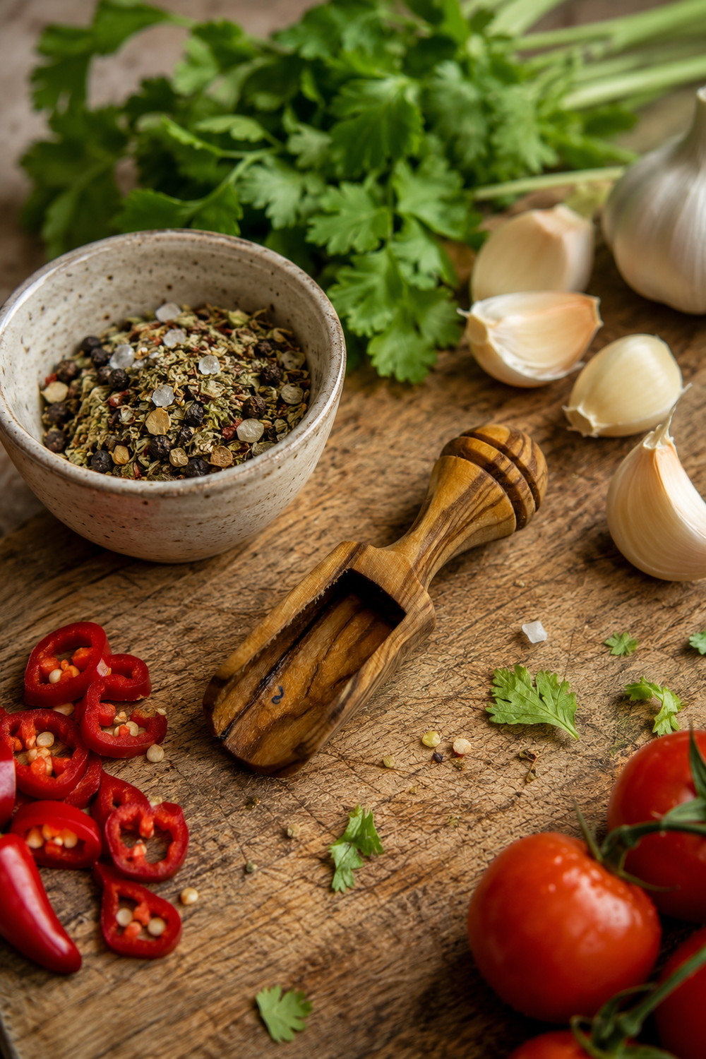 Small olive wood salt and spice scoop for kitchen jars.