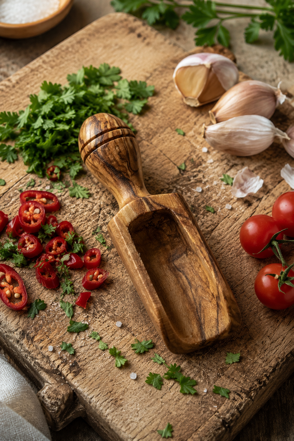 Small olive wood scoop for herbs, salt and spices