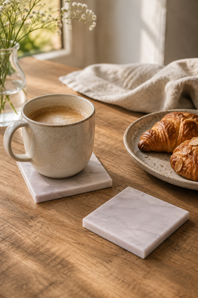 Cup of coffee on a marble coaster with croissants on a plate on a wooden table.